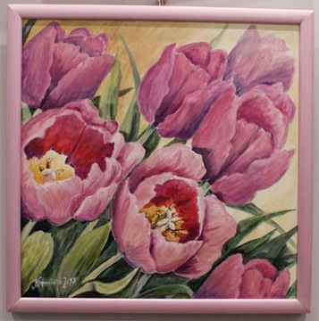 Ręcznie malowany obraz, 40x40, tulipany akryl/olej