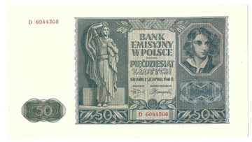 Banknot Polska 50 złotych zł 1941 rok D Stan I UNC