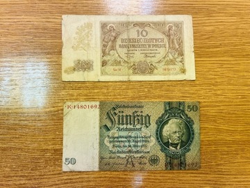 Stare banknoty 10zl 1940rok i 50marek 1933rok
