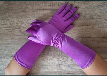 Długie eleganckie fioletowe rękawiczki satynowe 