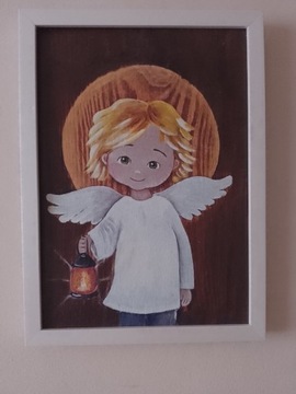 Aniołek chłopak obrazek chrzest komunia pamiątka  