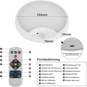 Lampa sufitowa ładowalna czujnik IP40 500lm nowa