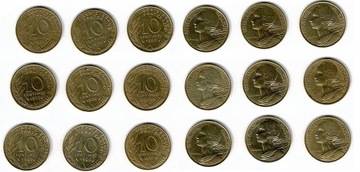10 centimes różne roczniki 9 szt.