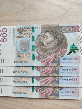 Banknoty 500 zł cztery kolejne numery 