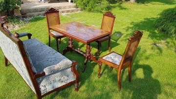 Antyki - zestaw: sofa, stół, 3 krzesła + lustro