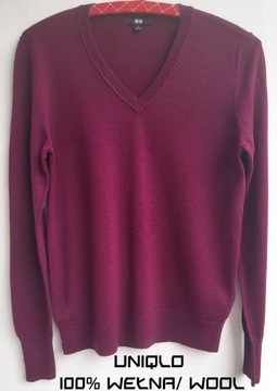 UNIQLO lekki sweter 100% wełny dekolt "V" r. S 