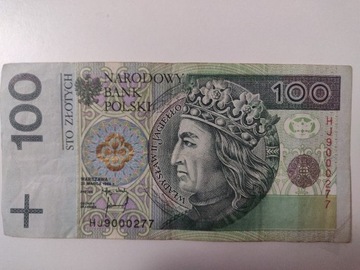 Banknot 100 zł Seria HJ9000277 dla kolekcjonera 