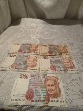 1000 LIRÓW Banknoty Wloskie 5 sztuk