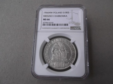 100 zł. 1966 Mieszko i Dąbrówka  NGC  MS66