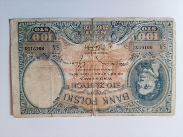 Banknot 100 zl seria SA 1919 rok