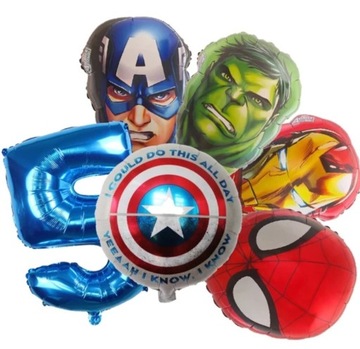 Balon AVENGERS 6 szt., Cyfra 5, SpiderMan, Hulk, Kapitan Ameryka,Tarcza K/A