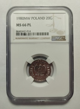 20 gr 1980, NGC MS 66PL, proof like, 2-ga max nota