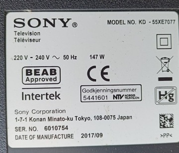 Telewizor Sony KD-55XE7077 zbity