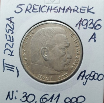 5 reichsmarek 1936 A, III Rzesza Ag900