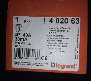 Wyłącznik różnicowo prądowy Legrand RX3 4P 40A 30mA