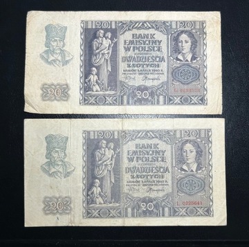2 banknoty 20 złotych 1940 rok