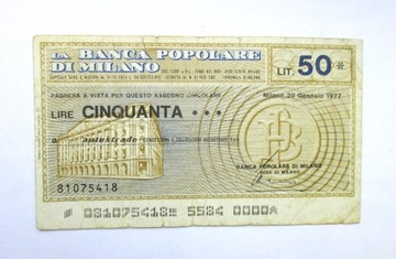 Czek na 50 lirów 1977 r.  Banca Popolare di Milano
