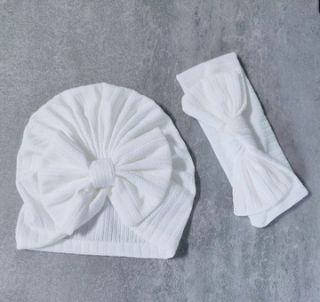 Zestaw wiosenny biały turban czapka opaska 0-1 lat
