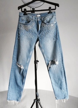 Spodnie jeansy z perełkami zara dziury xs s m