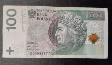 Banknot 100 złotych unikalny numer DO0999777