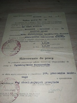 Nakaz pracy na Uniwersytecie Warszawa 1954