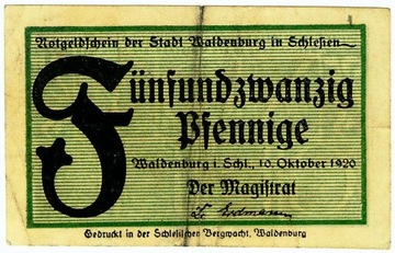 WAŁBRZYCH 25 FENIGÓW 10.10.1920 F inicjał - ziel