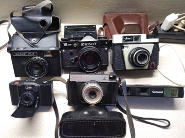  10 starych aparatów + obiektywy, lampy i klisze