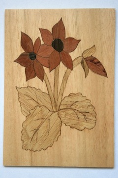 Drewniana pocztówka, obrazek, intarsja. Kwiaty