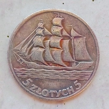 Stara Moneta Polska IIRP 5 Złotych Żaglowiec 1936 
