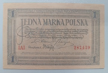 Banknot 1 marka polska 1919 r. majowa piękna 