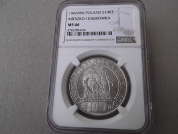 100 zł. 1966 Mieszko i Dąbrówka  NGC  MS66