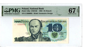 Banknot 10 zł z 1982r. seria L, UNC w gradingu PMB 67