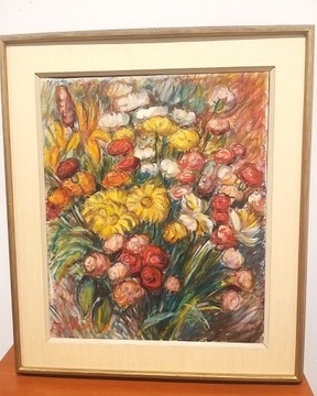Olej na płótnie kwiaty Hebrant 1981rBelgia 65/54cm