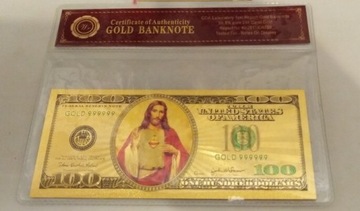 Banknot pozłacany 24k + kolor  JEZUS - 100 $ USA  