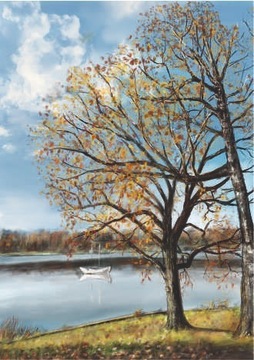 PLAKAT A3 pejzaż drzewo jezioro łódka
