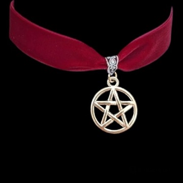 Choker czerwona aksamitka pentagram witch metal 