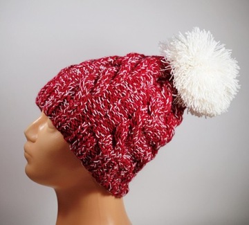 Zimowa czapka damska pompon czerwono-bialy melanż