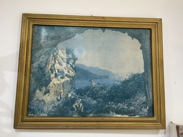 Stary obraz olejny pejzaż góry jezioro