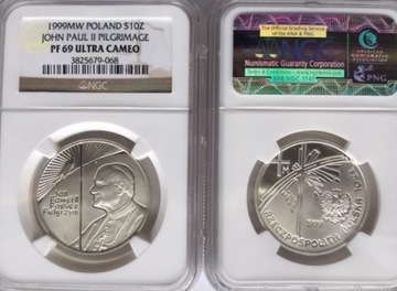 10 ZŁ JAN PAWEŁ II PIELGRZYM 1999 NGC PF69