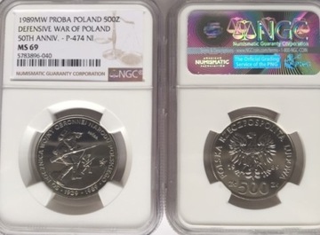 500 ZŁ Próba NIKIEL WOJNA 1989 NGC MS69 ! MAX