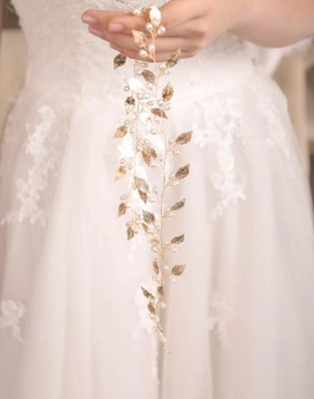 Ozdoba Ślubna do włosów złote liście z perełkami