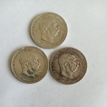 Austro-Węgry 3 x 1 korona 1912, 13, 15 r. - srebro