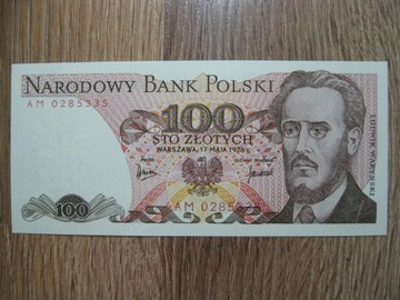 BANKNOT PRL 100 ZŁOTYCH 1976 ROK SERIA AM LUDWIK WARYŃSKI UNC