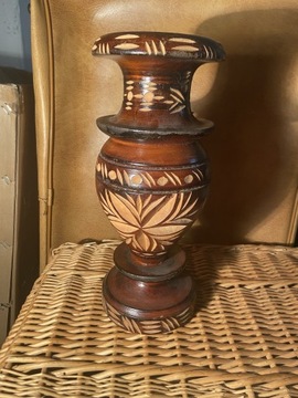 Drewniany Recznie Zdobiony Wazon Vintage