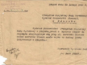Pismo Prez. MRN Słupsk z 1952r dot. klucza i zamku