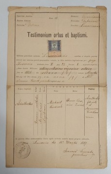 Metryka urodzenia i chrztu 1887r ze znakiem opłaty