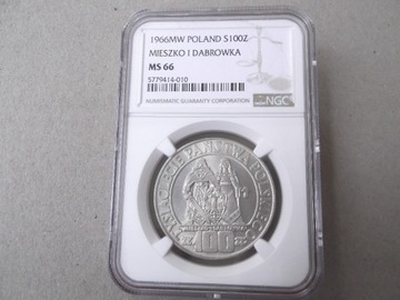 100 zł. 1966 Mieszko i Dąbrówka  NGC  MS66