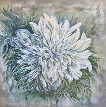 Obraz malowany kwiat biały szary