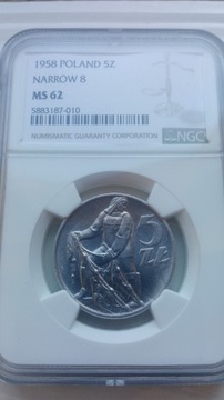 5 zł 1958 wąska 8 ngc ms 62