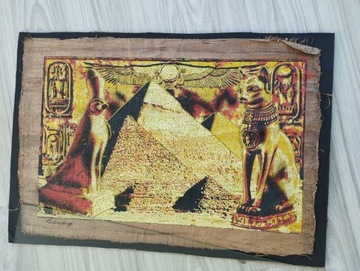 Duży obraz na papirusie, Egipckie piramidy, złoty